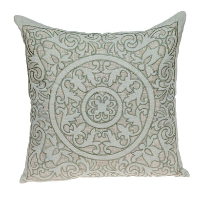 Beige & Green Damask Linen Blend Pillow w/ Embroidery