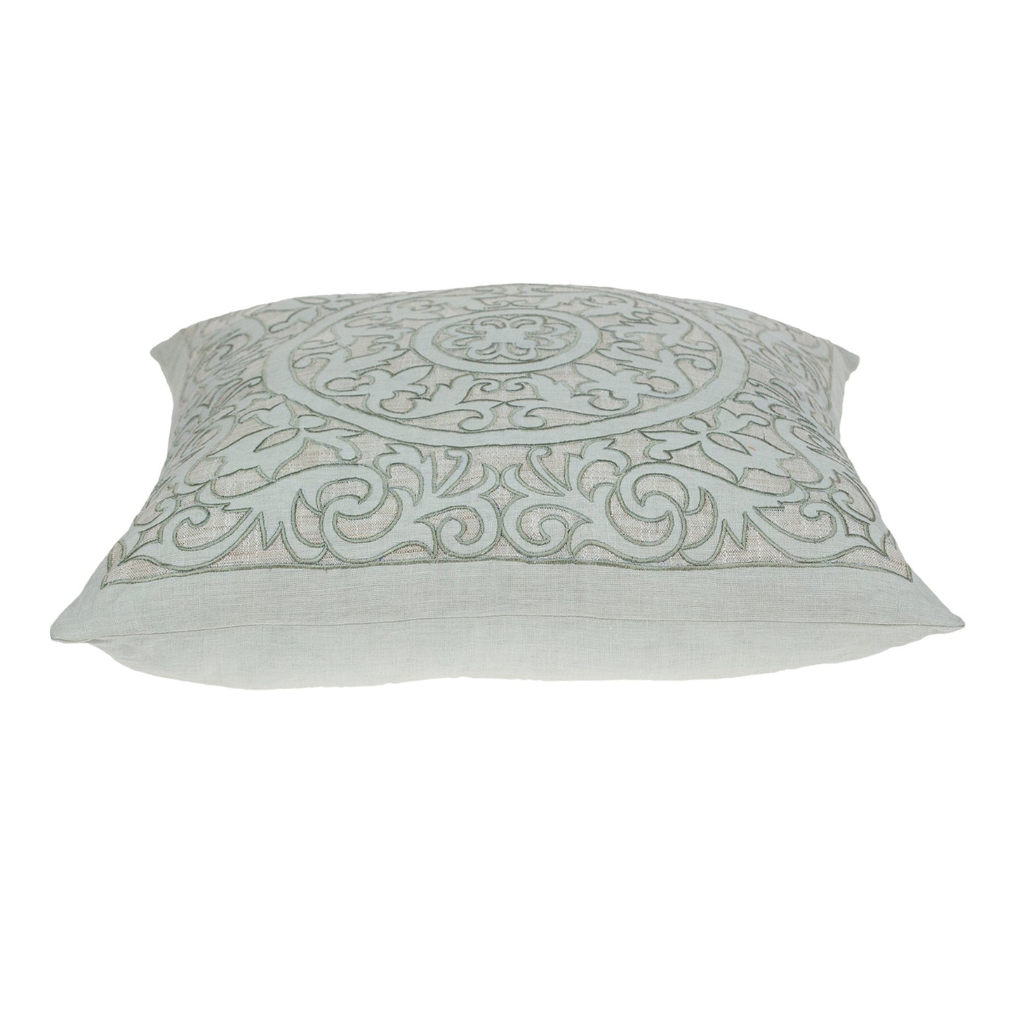 Beige & Green Damask Linen Blend Pillow w/ Embroidery