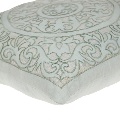 Beige & Green Damask Linen Blend Pillow w/ Embroidery