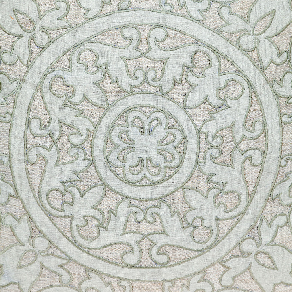 Beige & Green Damask Linen Blend Pillow w/ Embroidery