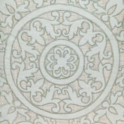 Beige & Green Damask Linen Blend Pillow w/ Embroidery