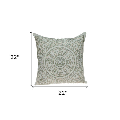 Beige & Green Damask Linen Blend Pillow w/ Embroidery