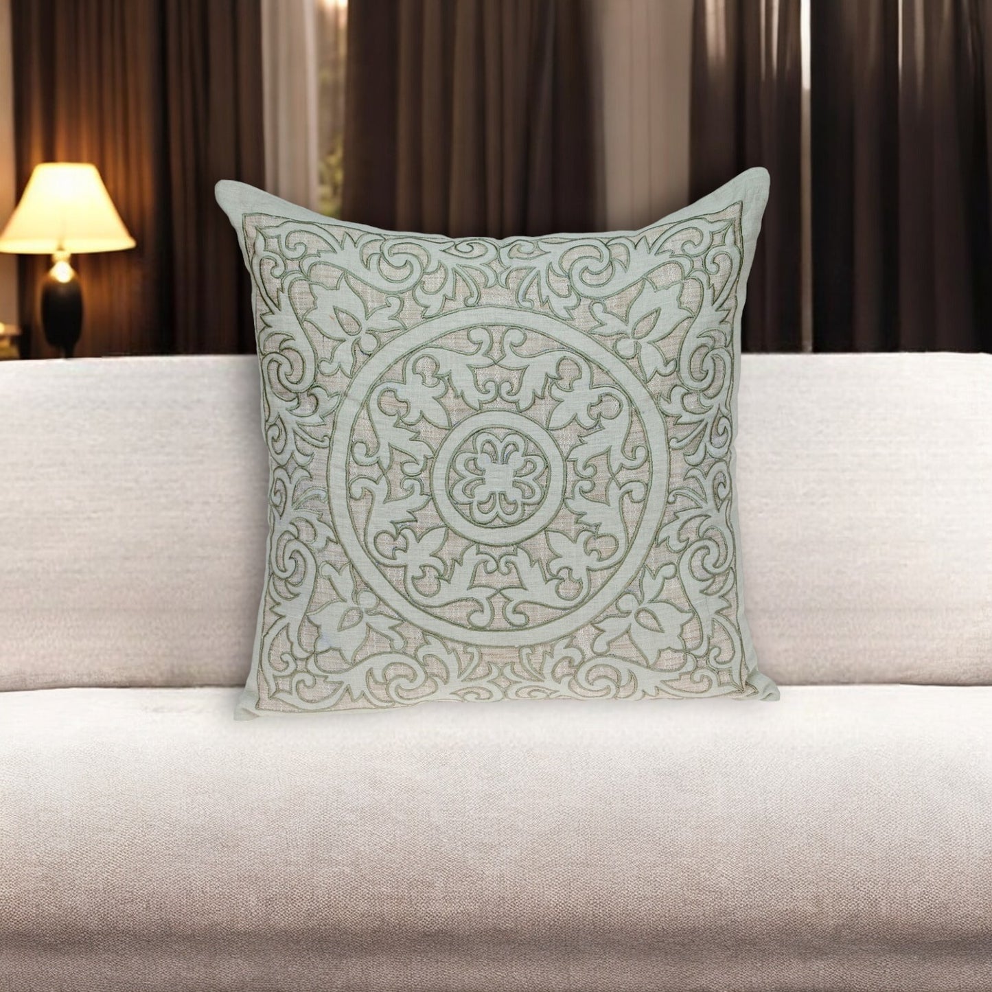 Beige & Green Damask Linen Blend Pillow w/ Embroidery