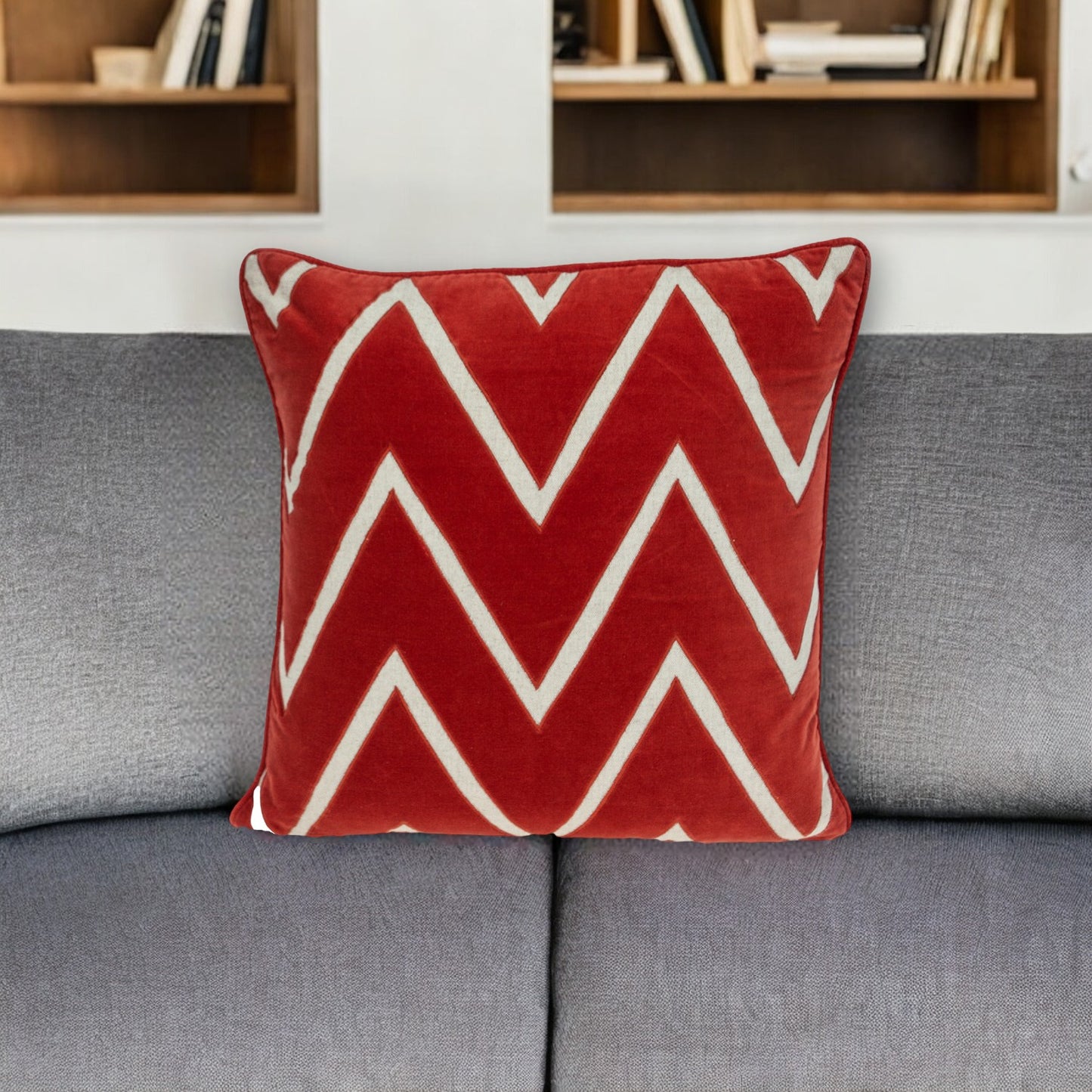 Beige & Red Zigzag Cotton Pillow w/ Embroidery