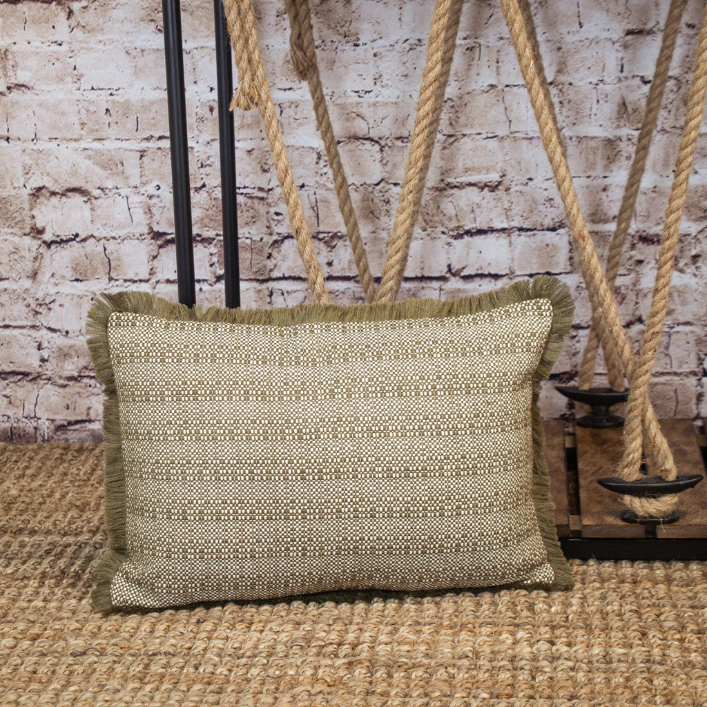 Green & White Striped Cotton Pillow w/ Fringe