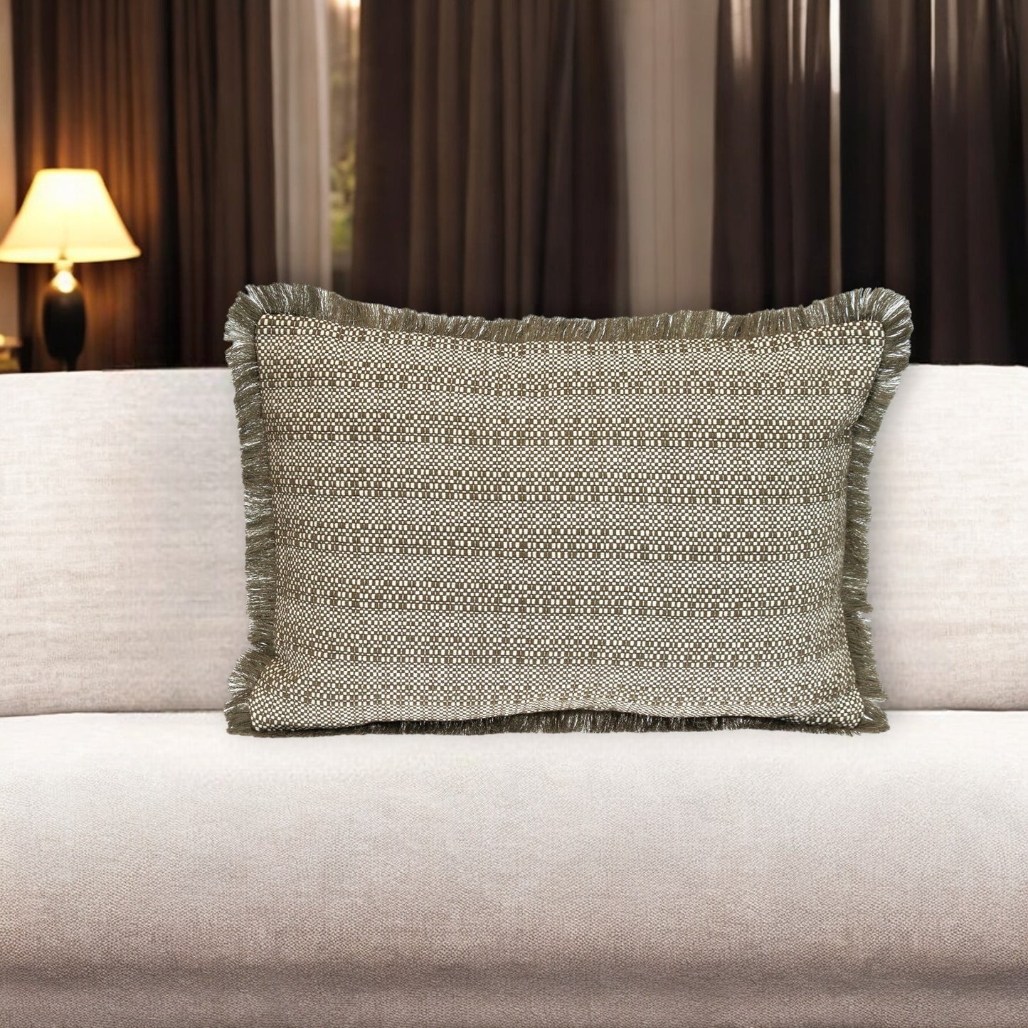 Green & White Striped Cotton Pillow w/ Fringe