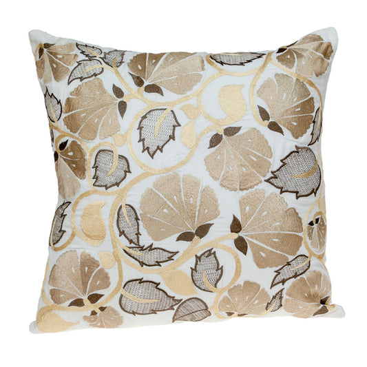 Gold & White Floral Cotton Pillow w/ Embroidery