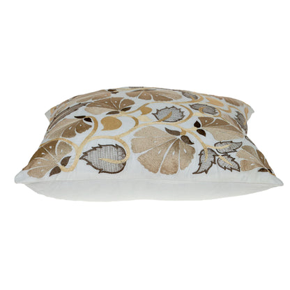Gold & White Floral Cotton Pillow w/ Embroidery