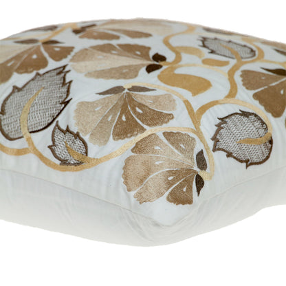 Gold & White Floral Cotton Pillow w/ Embroidery