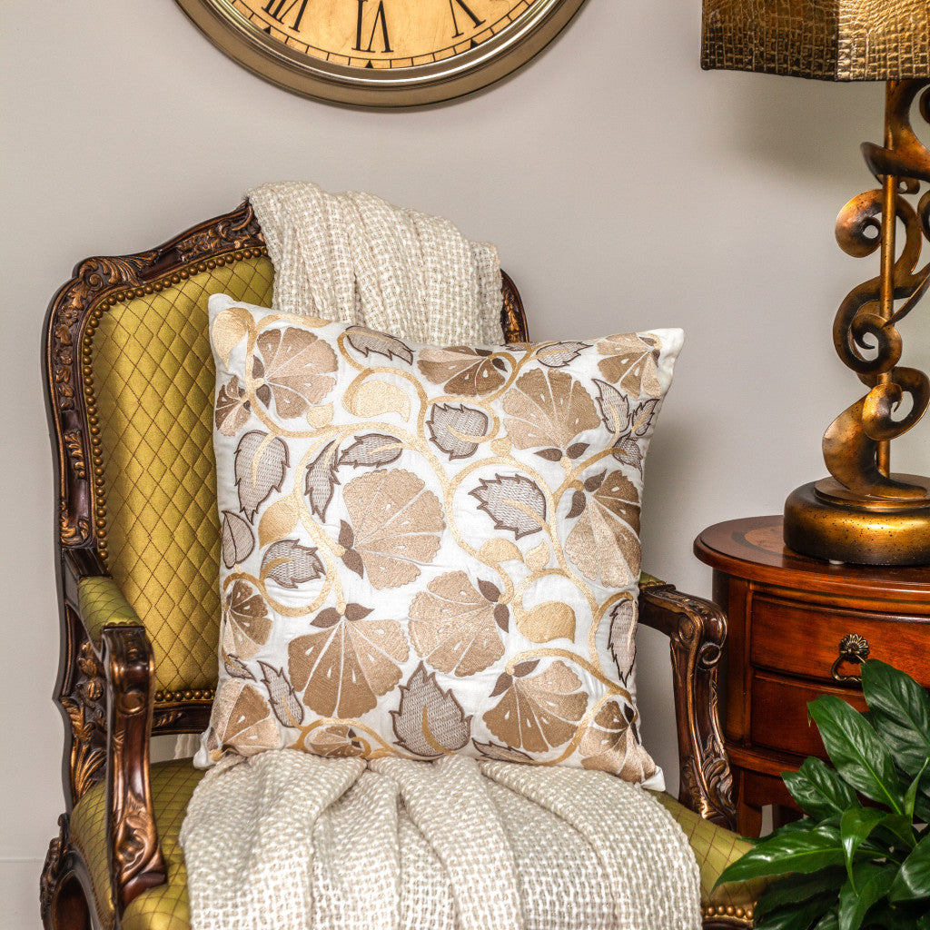 Gold & White Floral Cotton Pillow w/ Embroidery