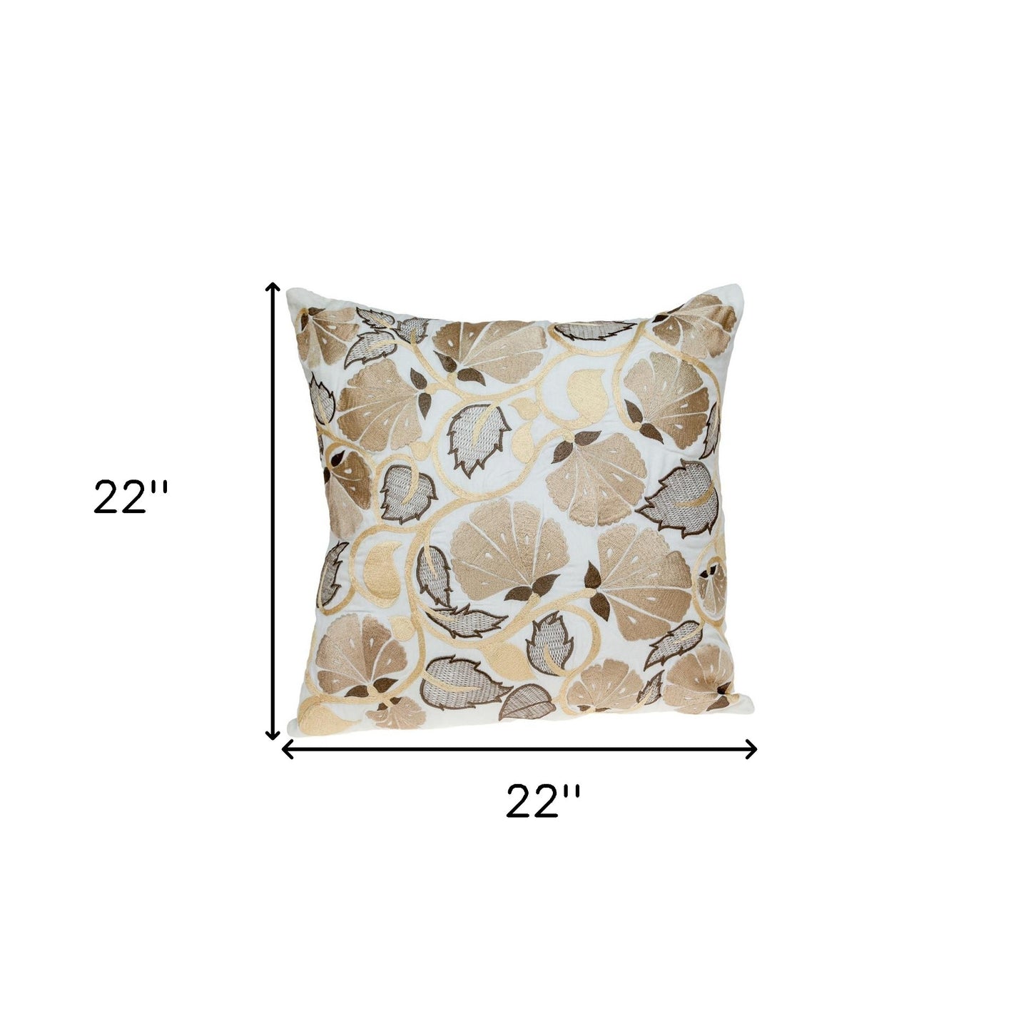Gold & White Floral Cotton Pillow w/ Embroidery