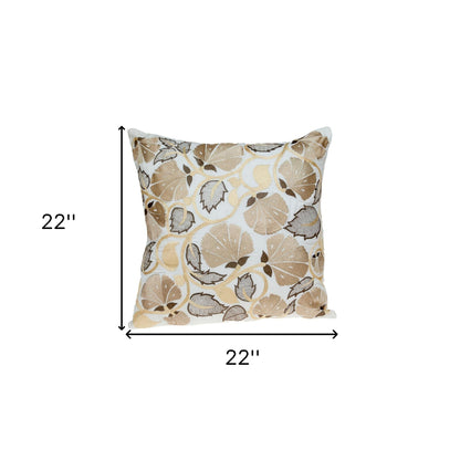Gold & White Floral Cotton Pillow w/ Embroidery