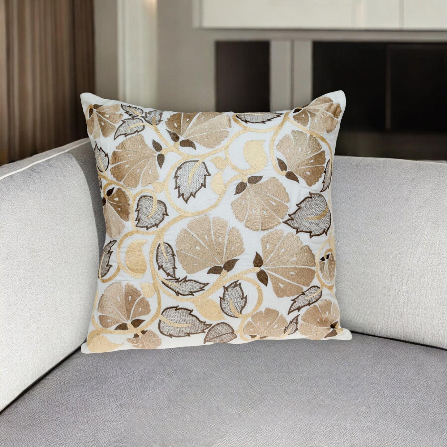 Gold & White Floral Cotton Pillow w/ Embroidery