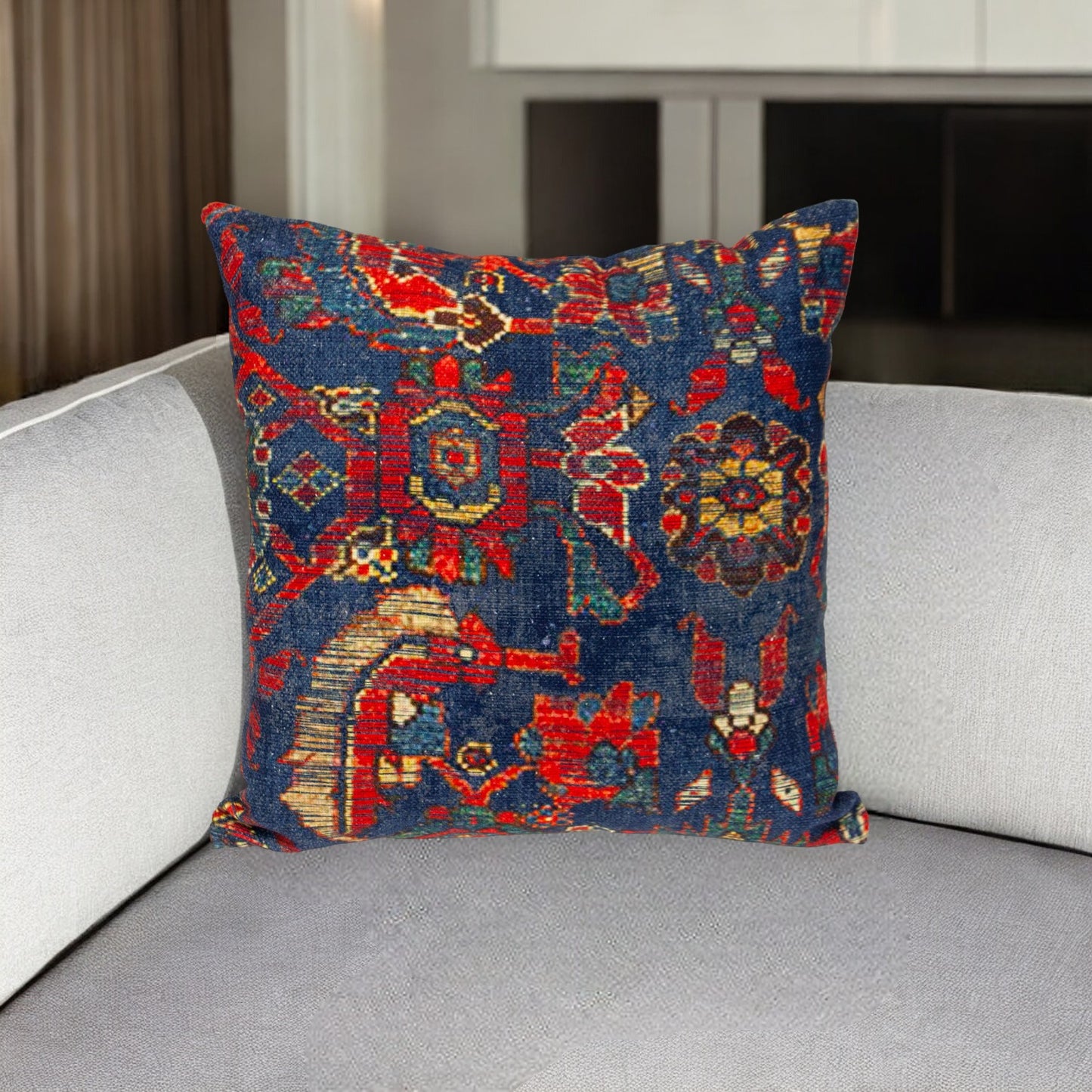 Blue & Red Damask Cotton Pillow