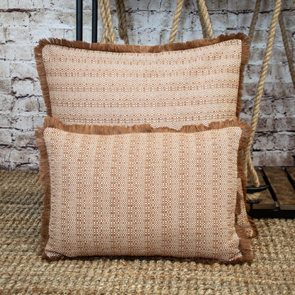 Brown & White Striped Cotton Pillow w/ Fringe