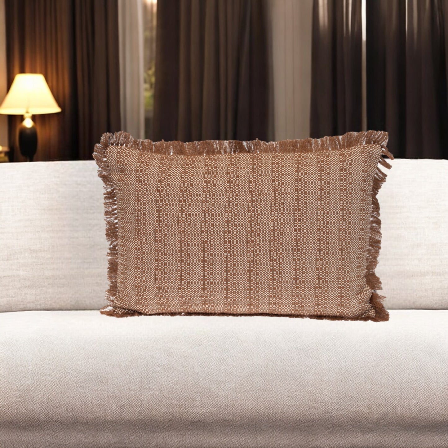 Brown & White Striped Cotton Pillow w/ Fringe