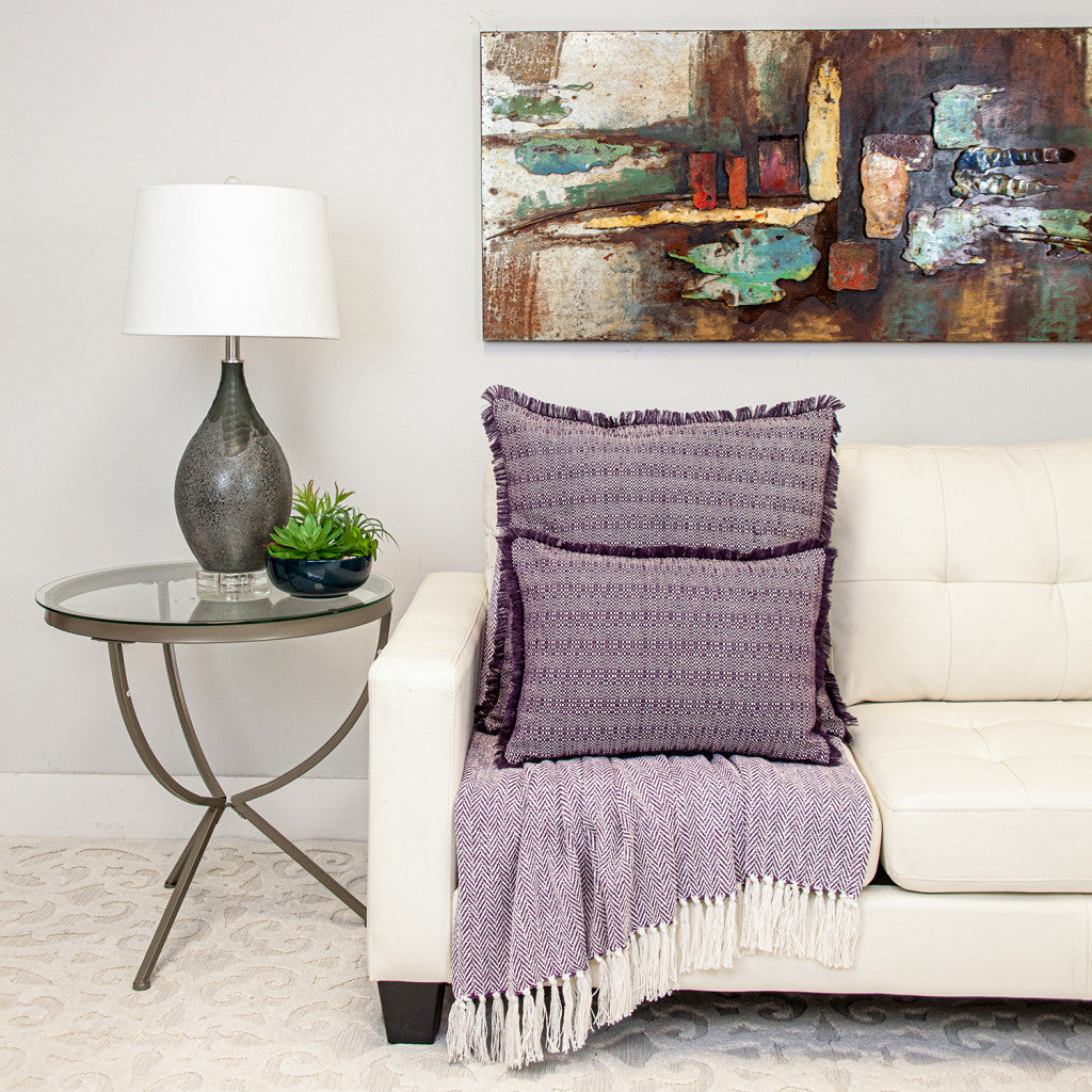 Purple & White Striped Cotton Pillow w/ Fringe