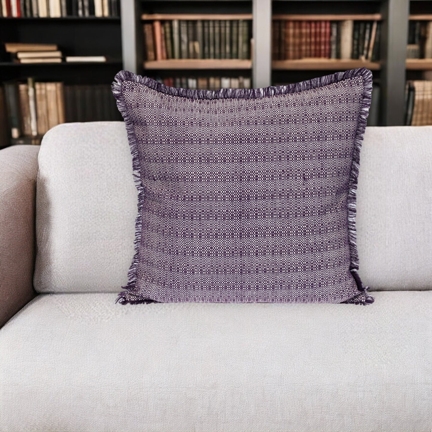 Purple & White Striped Cotton Pillow w/ Fringe