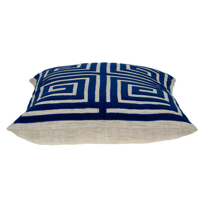 Beige & Blue Geometric Cotton Blend Pillow w/ Embroidery
