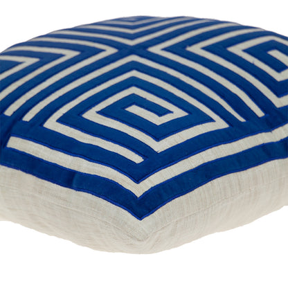 Beige & Blue Geometric Cotton Blend Pillow w/ Embroidery