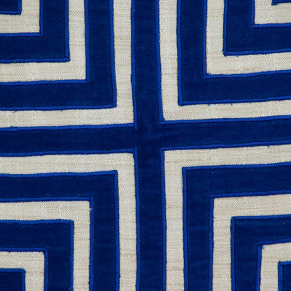 Beige & Blue Geometric Cotton Blend Pillow w/ Embroidery