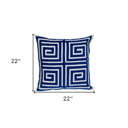 Beige & Blue Geometric Cotton Blend Pillow w/ Embroidery