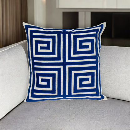 Beige & Blue Geometric Cotton Blend Pillow w/ Embroidery