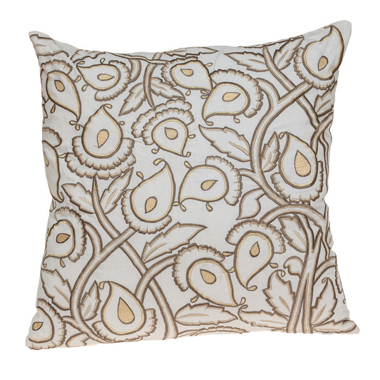 Brown & White Floral Cotton Pillow w/ Embroidery
