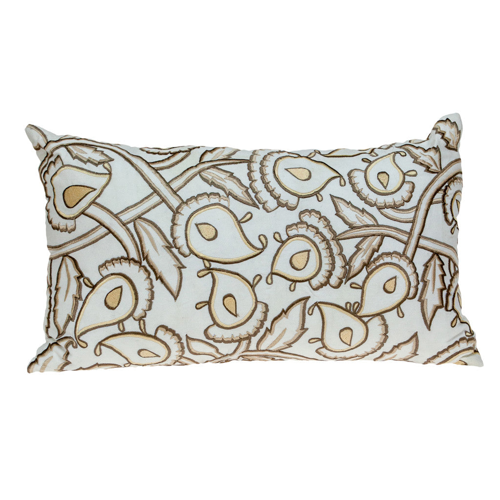 Brown & White Floral Cotton Pillow w/ Embroidery