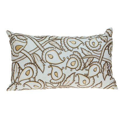 Brown & White Floral Cotton Pillow w/ Embroidery