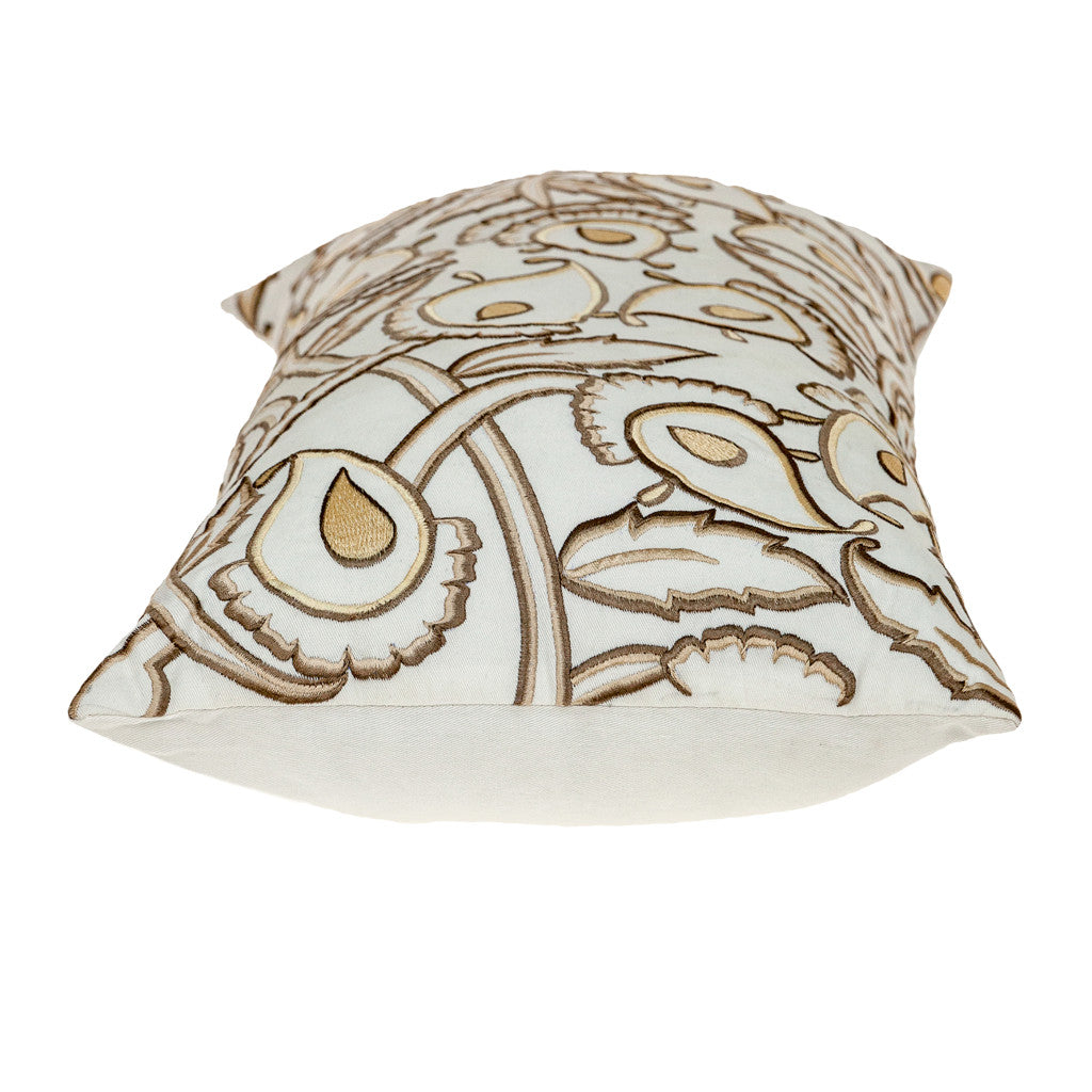 Brown & White Floral Cotton Pillow w/ Embroidery