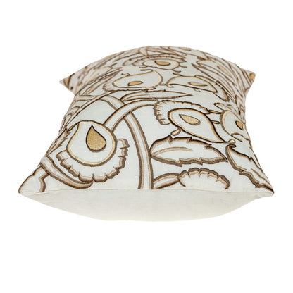 Brown & White Floral Cotton Pillow w/ Embroidery