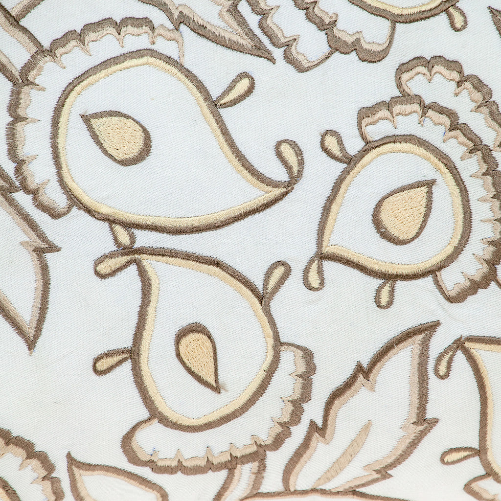 Brown & White Floral Cotton Pillow w/ Embroidery