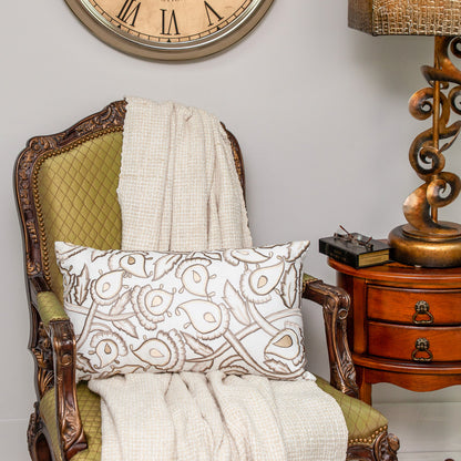 Brown & White Floral Cotton Pillow w/ Embroidery