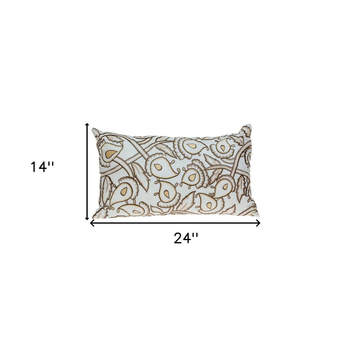 Brown & White Floral Cotton Pillow w/ Embroidery