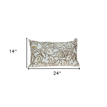 Brown & White Floral Cotton Pillow w/ Embroidery