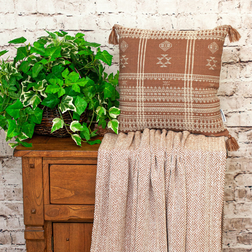 Beige & Brown Southwestern Cotton Pillow w/ Tassels