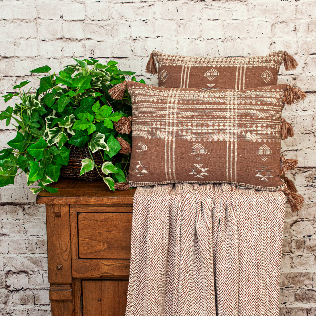 Beige & Brown Southwestern Cotton Pillow w/ Tassels