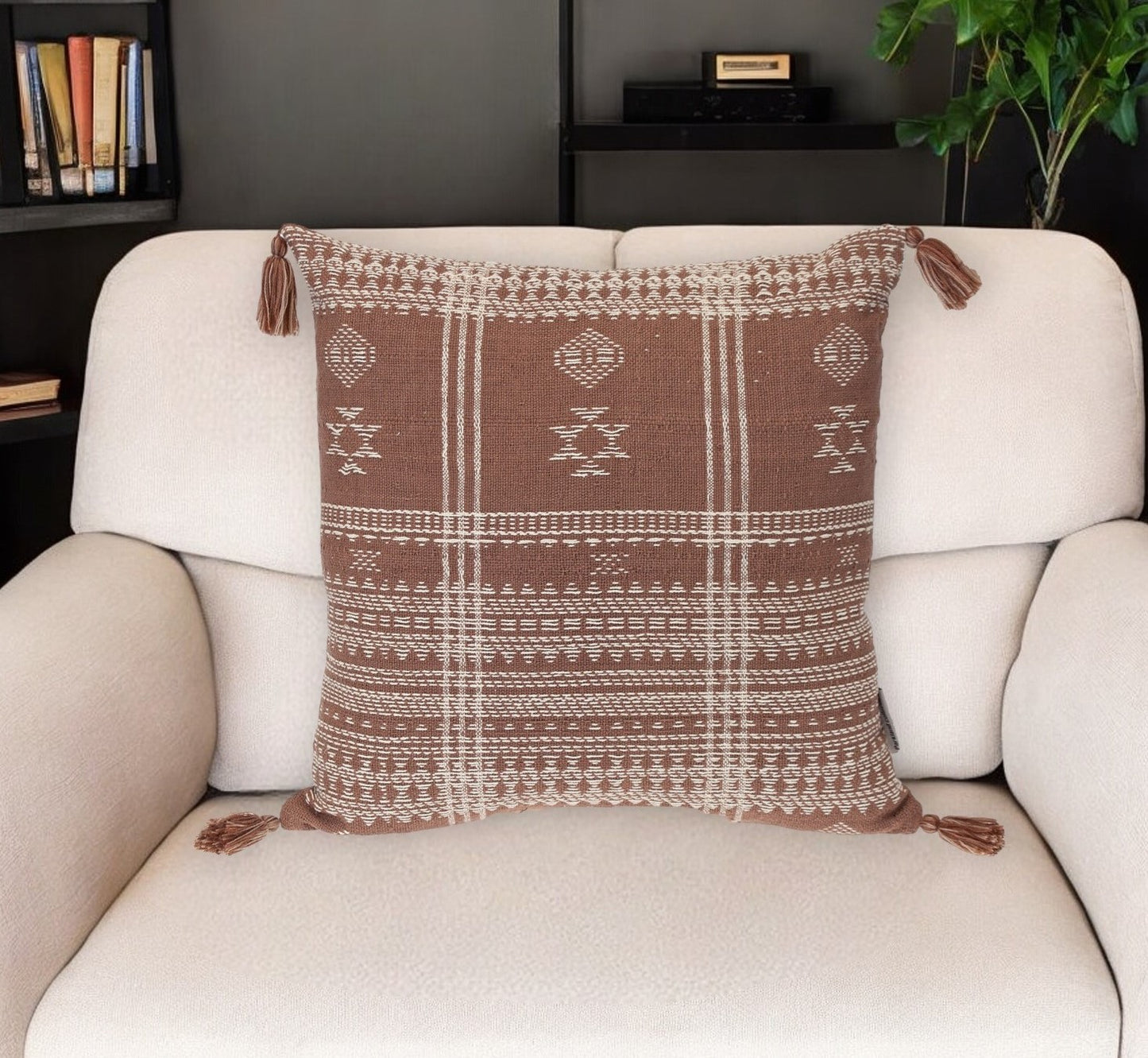 Beige & Brown Southwestern Cotton Pillow w/ Tassels