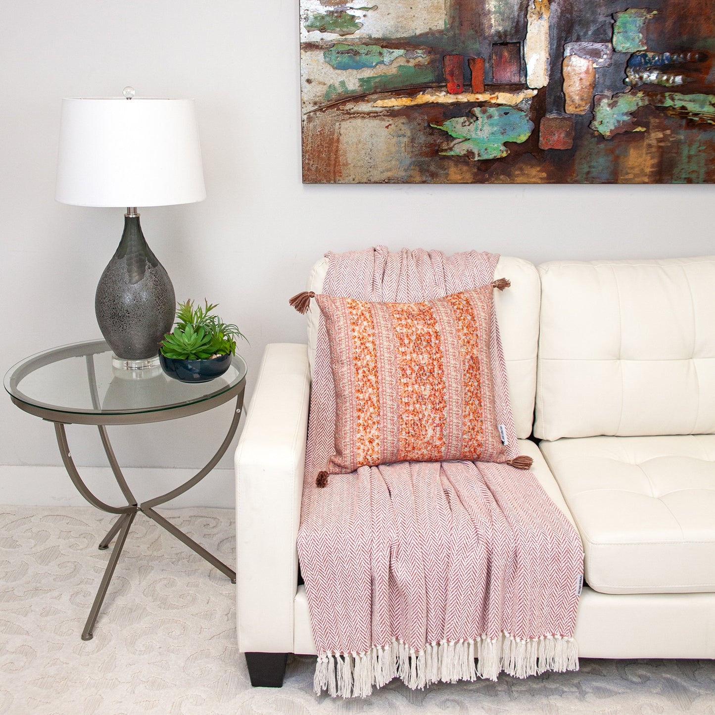 Pink & Orange Striped Cotton Pillow w/ Tassels