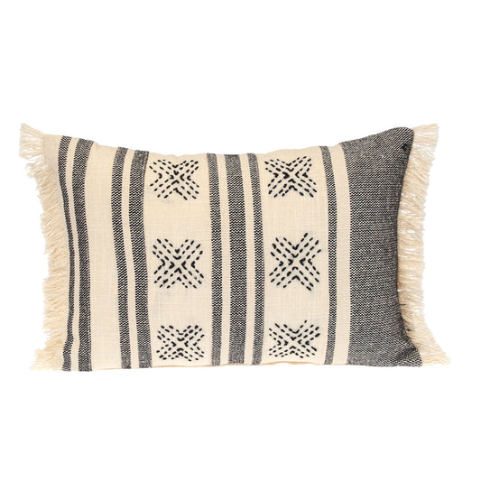 Beige & Black Southwestern Cotton Pillow w/ Fringe