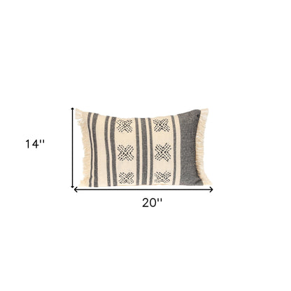 Beige & Black Southwestern Cotton Pillow w/ Fringe