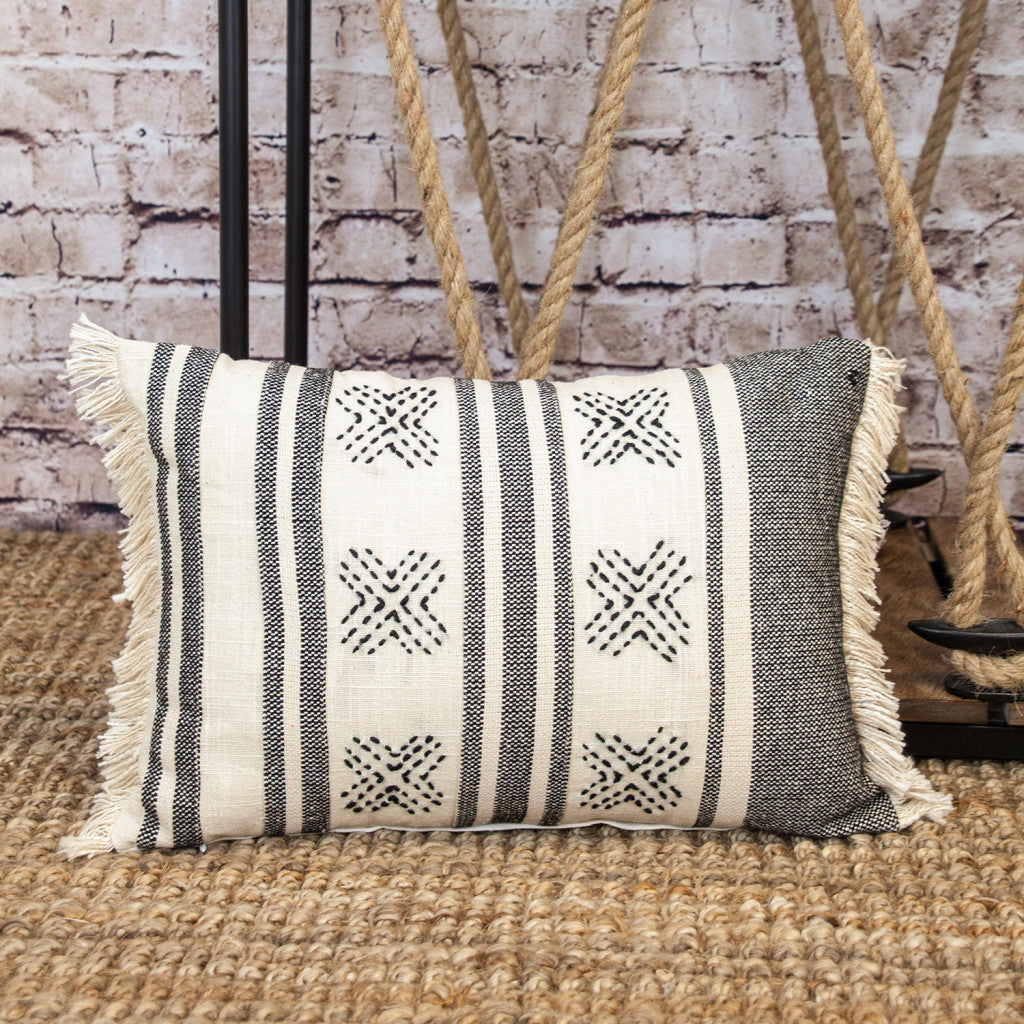 Beige & Black Southwestern Cotton Pillow w/ Fringe