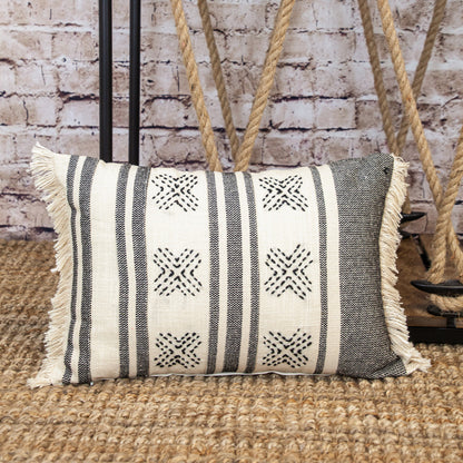 Beige & Black Southwestern Cotton Pillow w/ Fringe