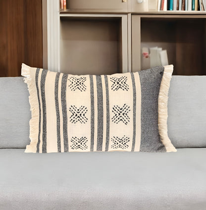 Beige & Black Southwestern Cotton Pillow w/ Fringe