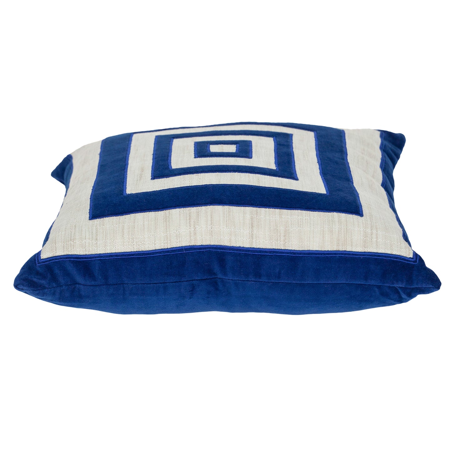 Beige & Blue Geometric Cotton Blend Pillow w/ Embroidery