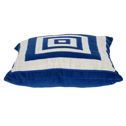 Beige & Blue Geometric Cotton Blend Pillow w/ Embroidery