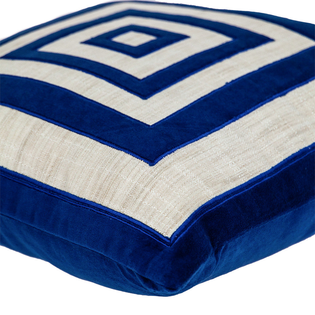 Beige & Blue Geometric Cotton Blend Pillow w/ Embroidery