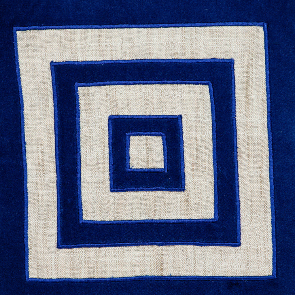 Beige & Blue Geometric Cotton Blend Pillow w/ Embroidery