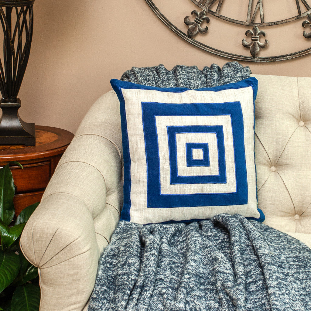 Beige & Blue Geometric Cotton Blend Pillow w/ Embroidery